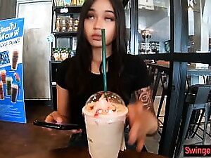 Chunky girl gets attention in a coffee shop and receives an offer for sex with a Chinese teenager.